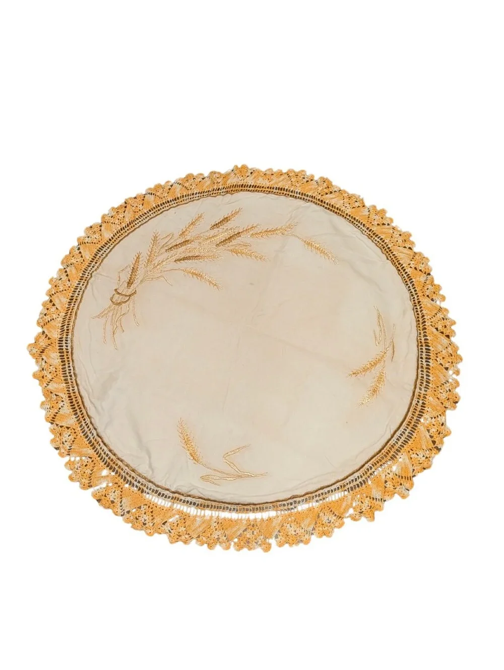 Vintage Handmade Round Wheat Embroidered Table Cloth, Gold & Yellow Crochet Edge